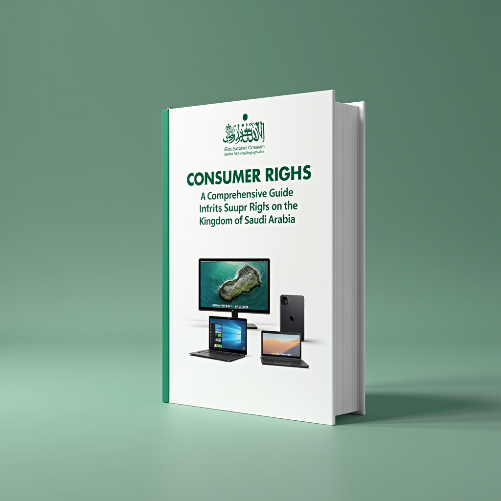 دليل شامل يوضح حقوق المستهلك في المملكة العربية السعودية مع صور لأجهزة إلكترونية حديثة وشعار وزارة التجارة السعودية في الخلفية، تصميم احترافي باللون الأخضر المؤسسي