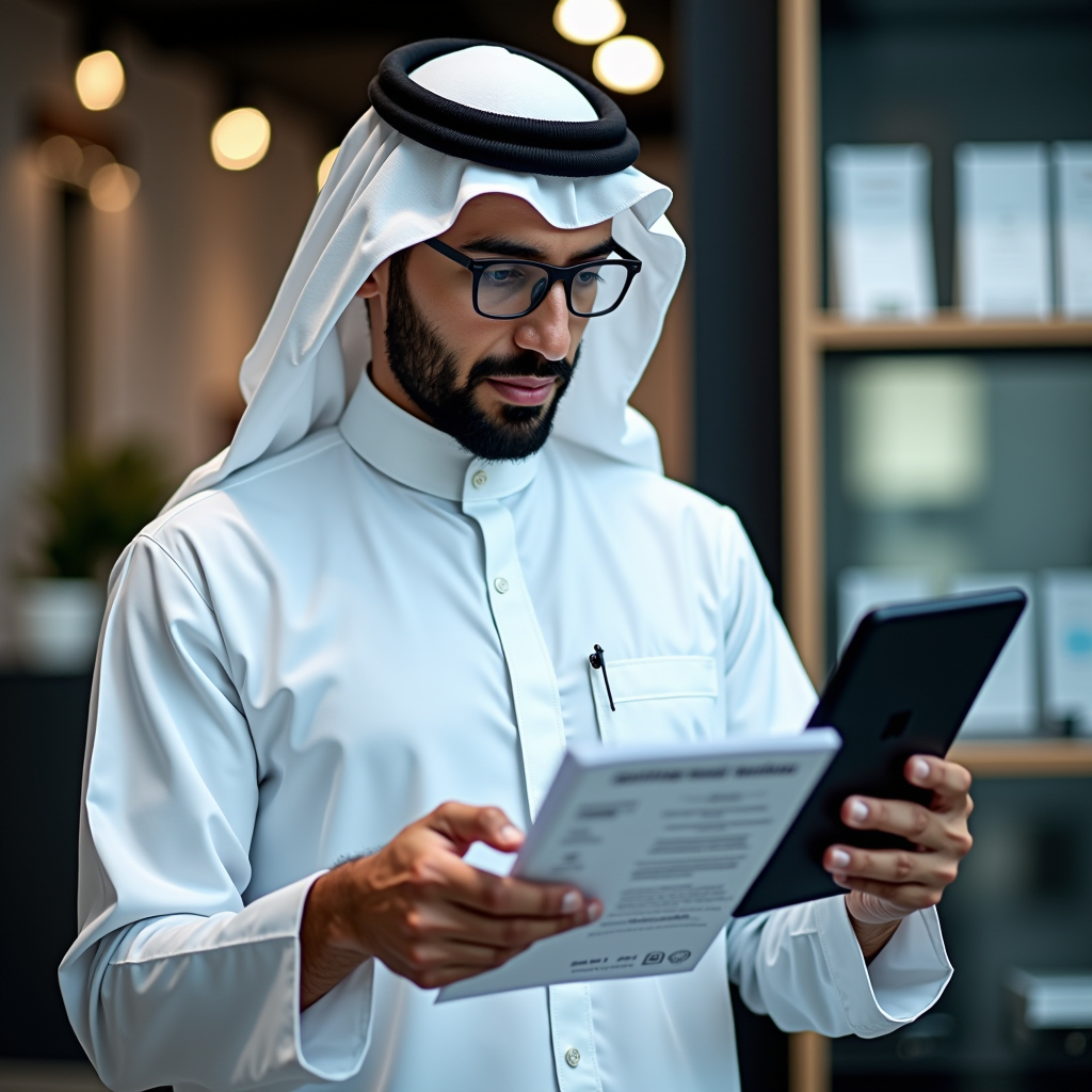 دليل حماية المستهلك في المملكة العربية السعودية - مستهلك سعودي يفحص جهاز إلكتروني مع وثائق الضمان والفاتورة في بيئة تجارية احترافية