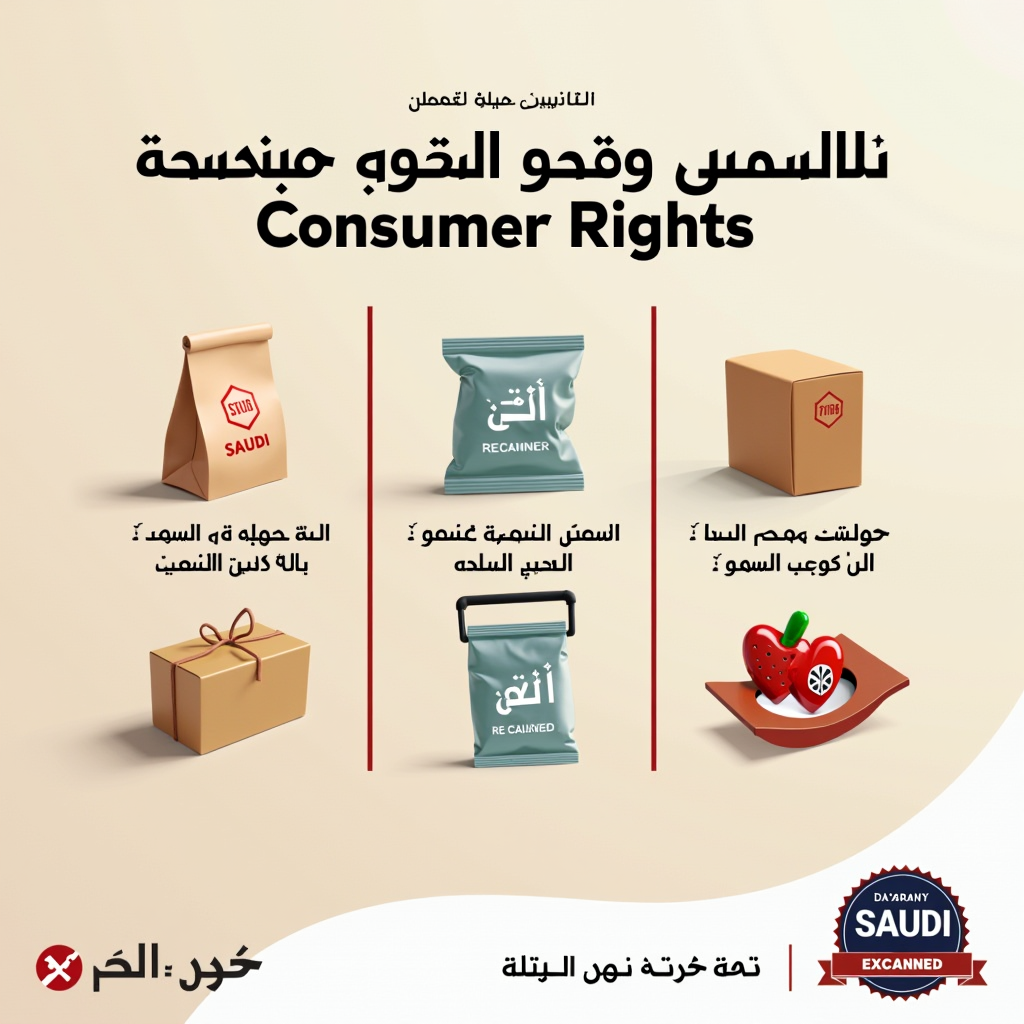 صورة توضيحية لحقوق المستهلك السعودي تظهر منتجات معيبة وسياسات الاستبدال والاسترجاع مع رموز الضمان التجاري وشعار حماية المستهلك