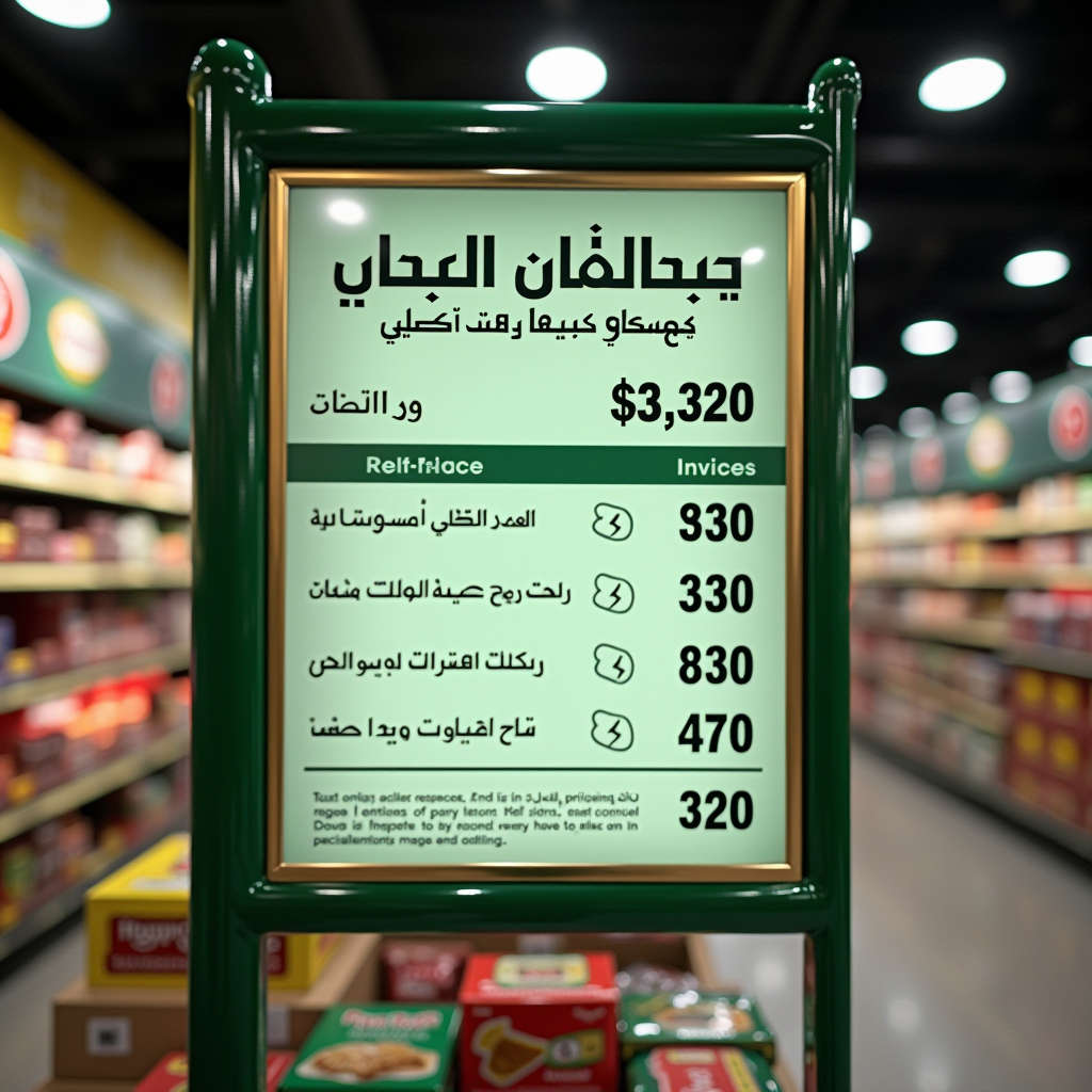لافتة أسعار في متجر تجاري سعودي مع تسليط الضوء على بطاقات الأسعار والفواتير، تصميم يوضح الفرق بين التسعير الصحيح والمضلل، ألوان مؤسسية خضراء وذهبية
