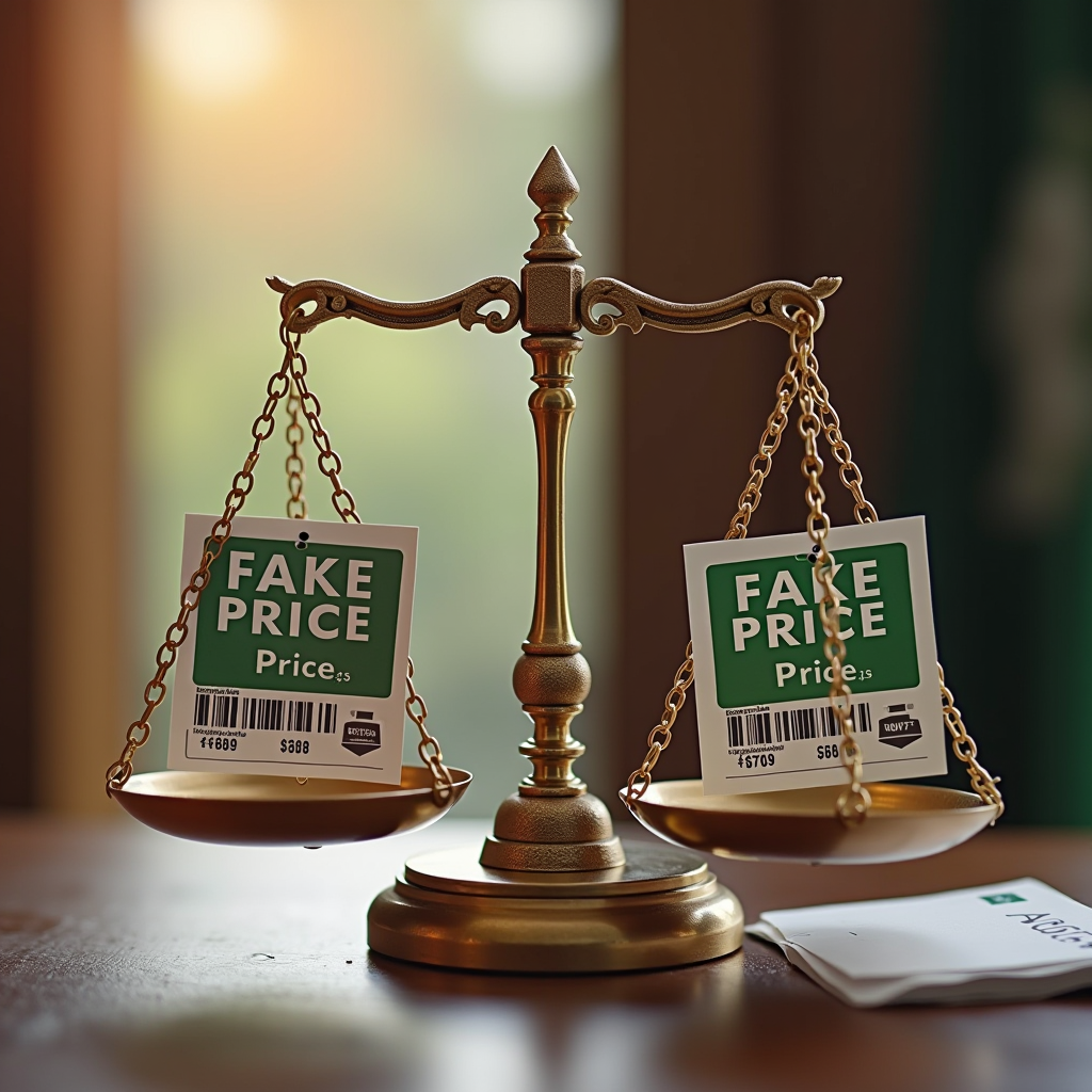 صورة توضيحية للغش التجاري والتلاعب بالأسعار تظهر ملصقات أسعار مزيفة وميزان العدالة مع رموز التوثيق والإبلاغ لدى وزارة التجارة السعودية