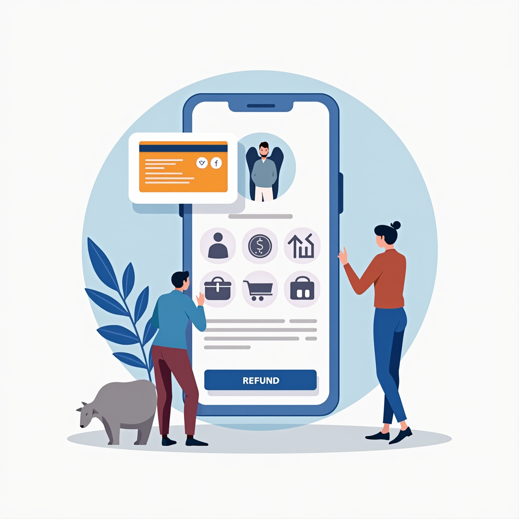 صورة توضيحية لعملية استرداد الأموال من المتاجر الإلكترونية تظهر شاشة هاتف ذكي مع تطبيق تسوق ورموز الدفع الإلكتروني وعلامات الاسترجاع المالي