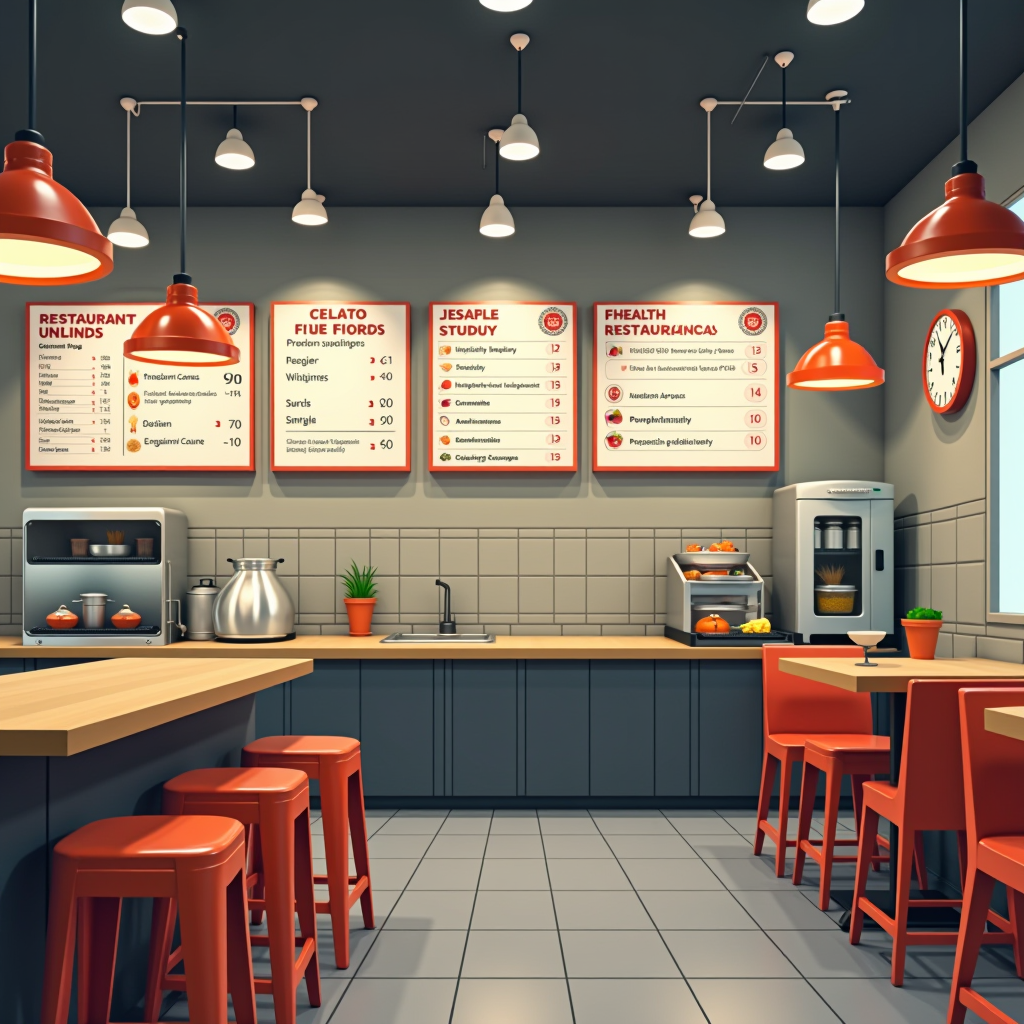 صورة توضيحية للمخالفات الصحية في المطاعم والمقاهي تظهر مطبخ مطعم مع معايير النظافة وسلامة الغذاء ولوحات الأسعار وشعارات الجهات الرقابية الصحية